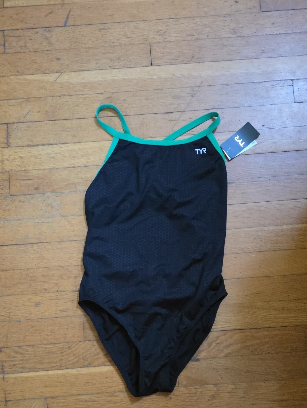 TYR Black One-Piece Swimsuit with Green Straps